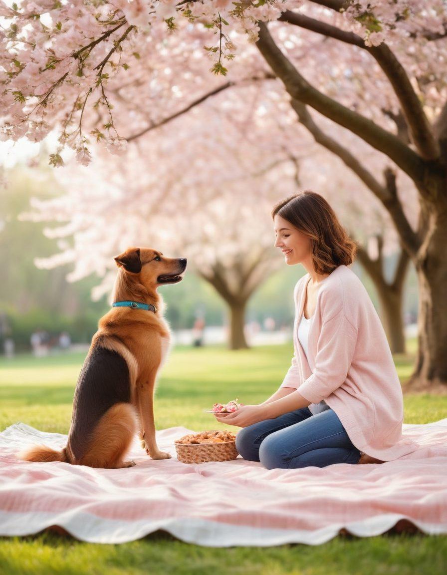 A serene park scene depicting two young lovers sharing a moment under blooming cherry blossom trees, their expressions filled with joy and innocence. Soft light filters through the branches, casting gentle shadows on a picnic blanket adorned with treats, highlighting their playful interactions. In the background, a cute dog plays nearby, adding a touch of warmth and whimsy to the atmosphere. pastel colors. dreamy style. soft focus.