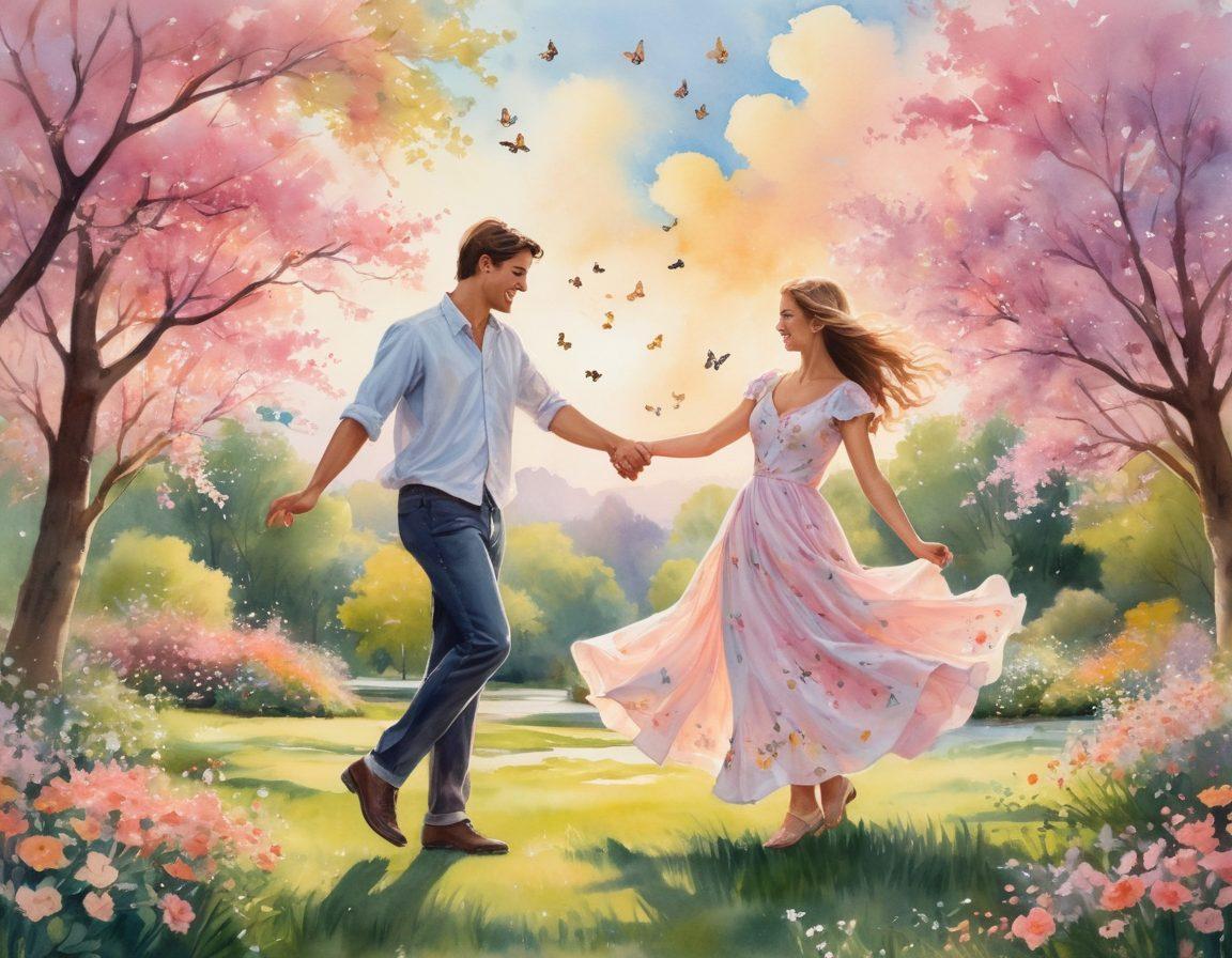 A whimsical scene of young couples dancing in a sunlit park, surrounded by blossoming flowers and soft, fluttering butterflies. Their joyful expressions capture the essence of innocence and intimacy, as they twirl and laugh together. The background features a dreamy pastel sky with soft clouds, enhancing the playful ambiance. watercolors. vibrant colors. enchanting atmosphere.